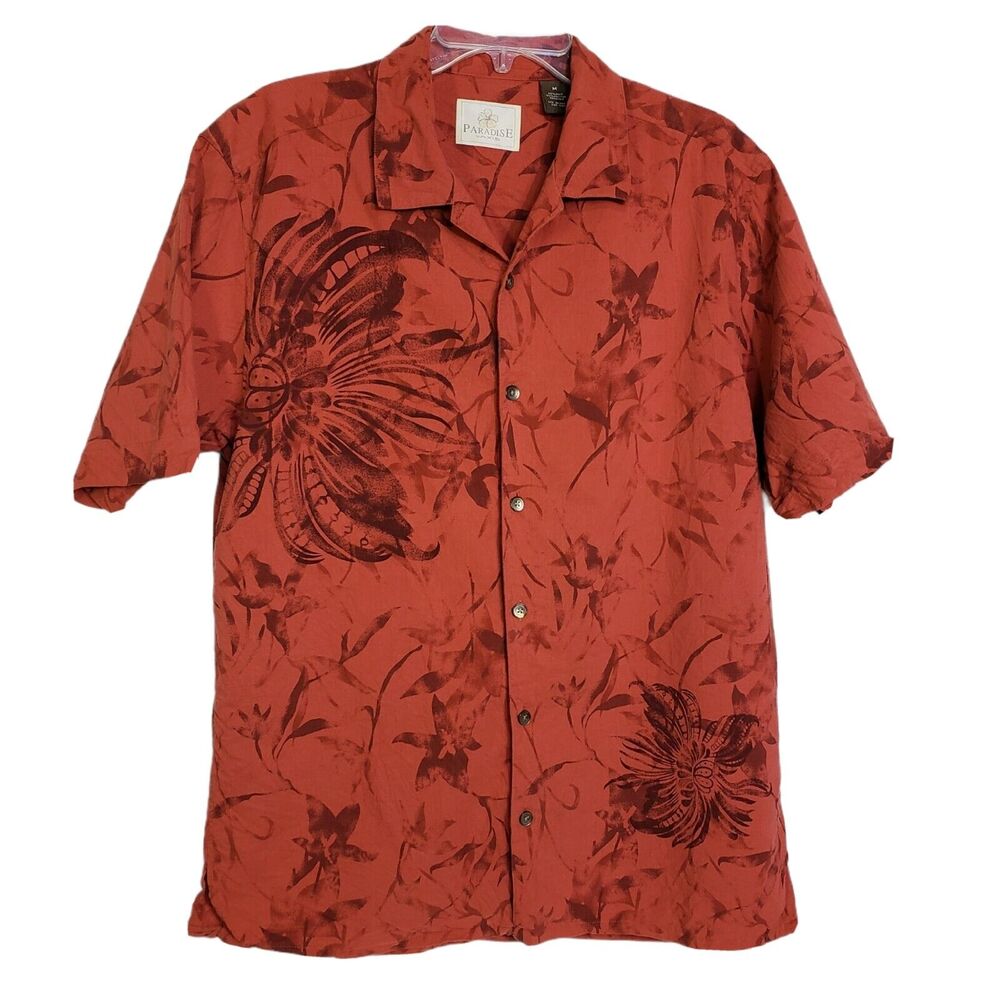 Paradise By Axis Men Shirt Medium Button Silk Blend Short Sleeve Hawaiian Floral